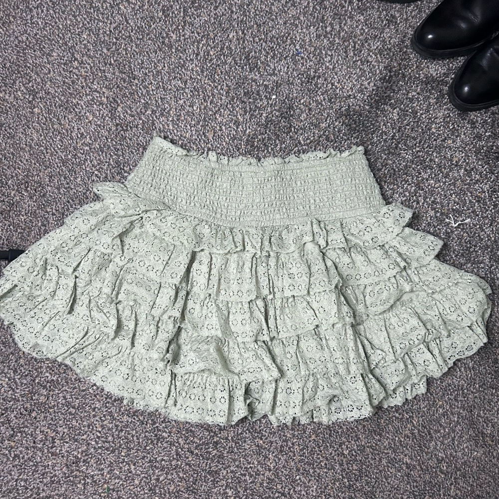 American Eagle Tiered Eyelet Mini Skirt in Light Sage Festival Boho Coquette